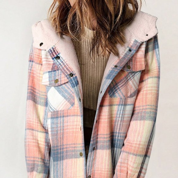Pink Casual Womens Plaid Print Teddy Lined Hooded Coat - Picture 1 of 6
